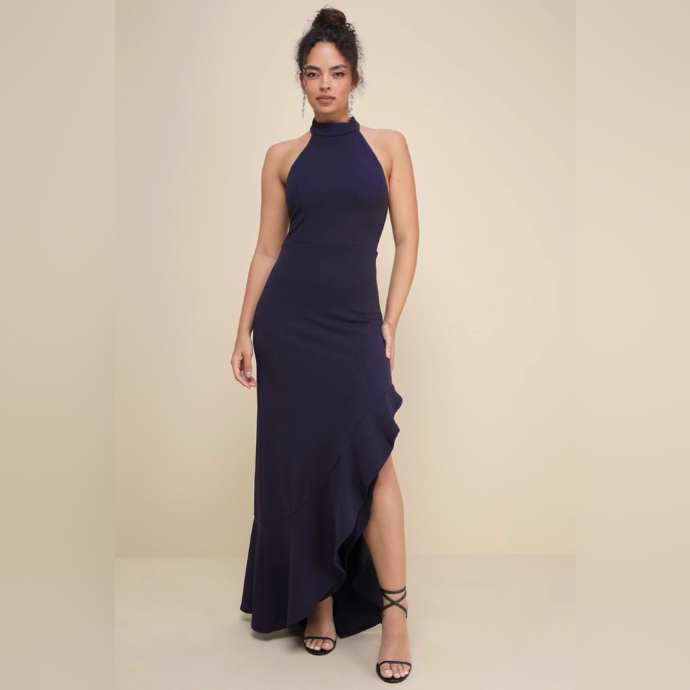 Lulus Women’s Majestic Perfection Navy Ruffled Halter Maxi Dress Size XL NWT